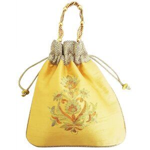 8078 Big Floral Embroidered Potli Bag Beige